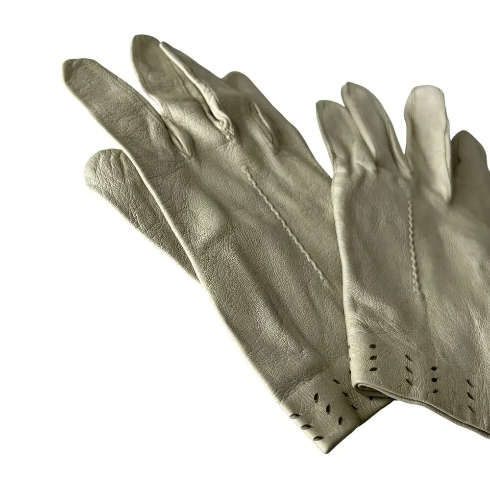 Vintage 80s Cream White Leather Driving Gloves Size 7 1/4 Small Lightweight Soft